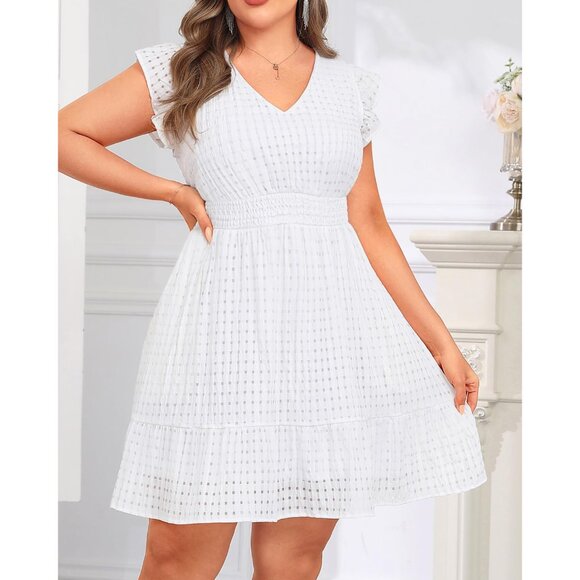 Women's Plus Size Cocktail Dress V-Neck Flutter Sleeves A-Line Pockets - Picture 3 of 6